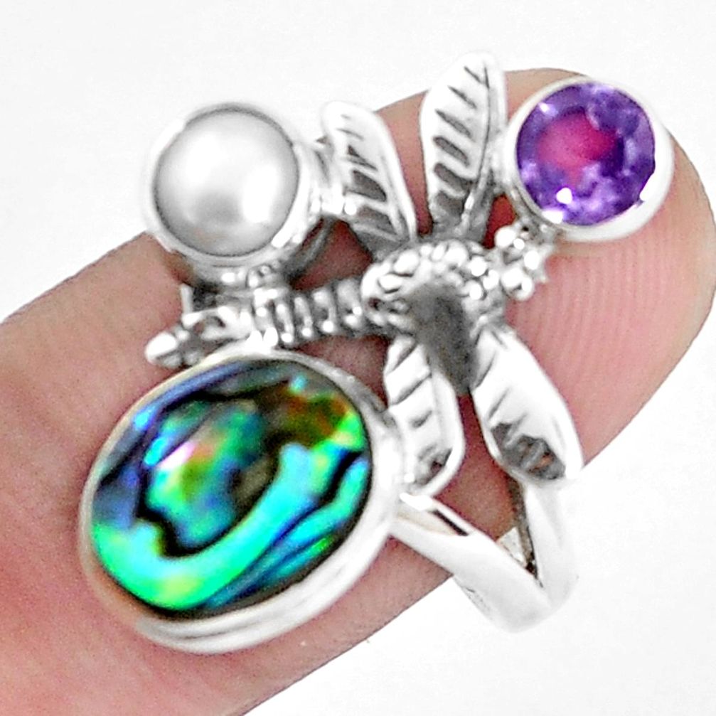 Natural green abalone paua seashell 925 silver dragonfly ring size 9 p42851