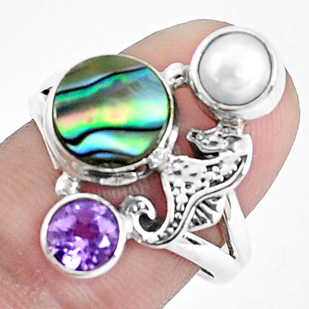 Natural green abalone paua seashell 925 silver seahorse ring size 8 p42859