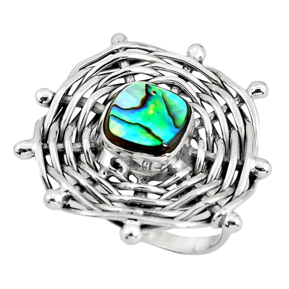 Natural green abalone paua seashell 925 silver solitaire ring size 7 p60909