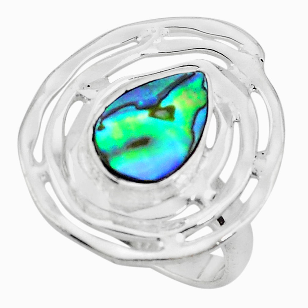 Natural green abalone paua seashell 925 silver solitaire ring size 7.5 p60917