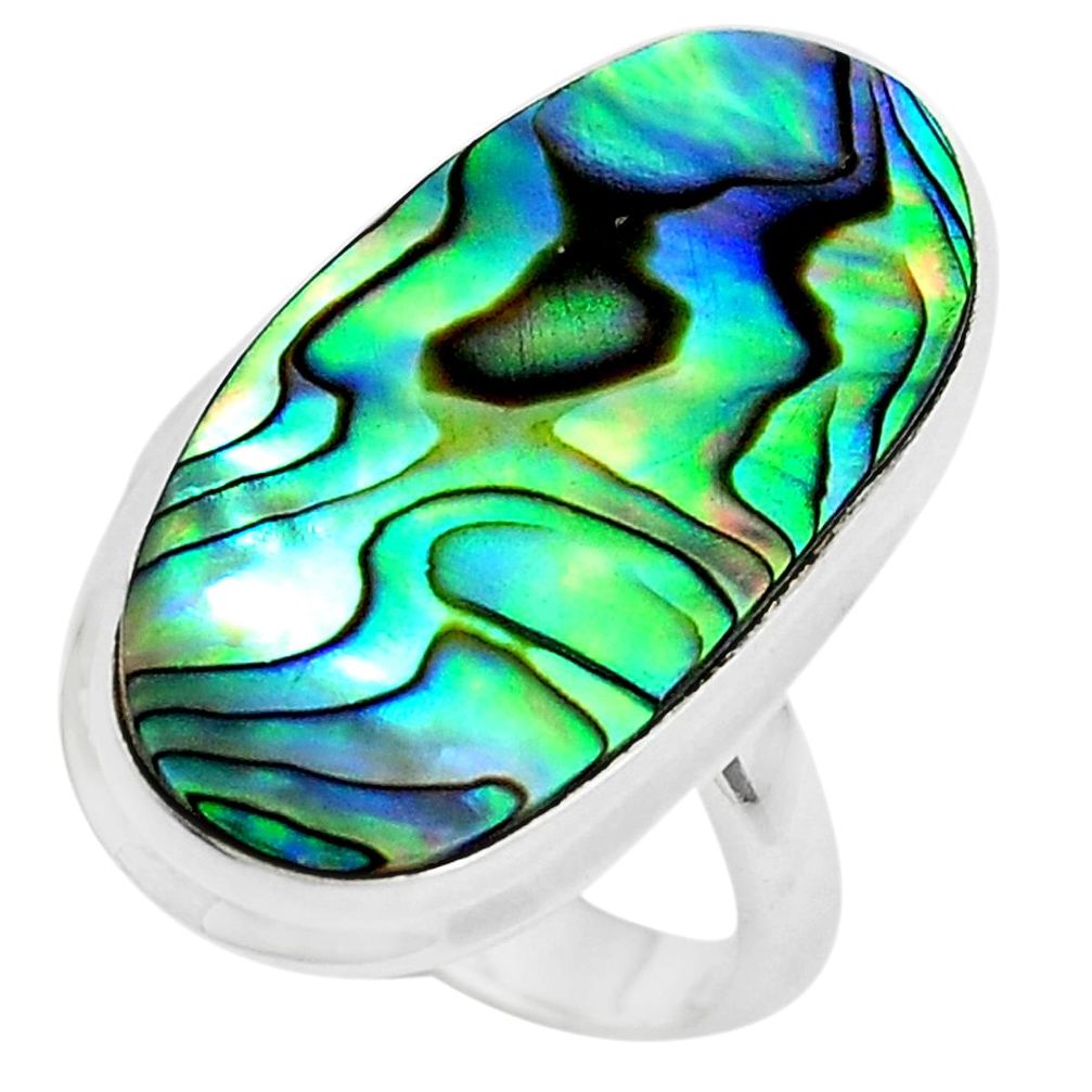14.26cts natural green abalone paua seashell silver solitaire ring size 7 p38726