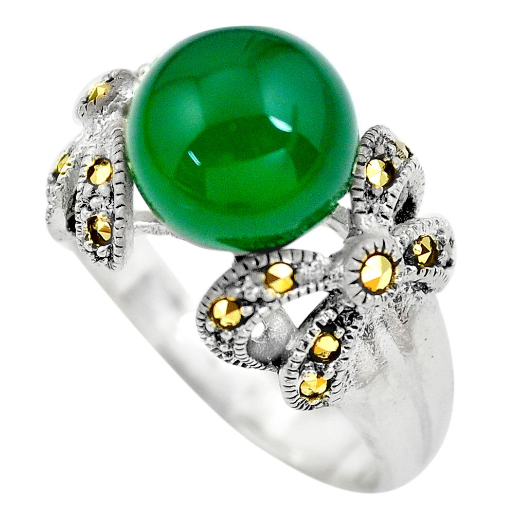 6.32cts natural green chalcedony fine marcasite 925 silver ring size 8.5 c2754