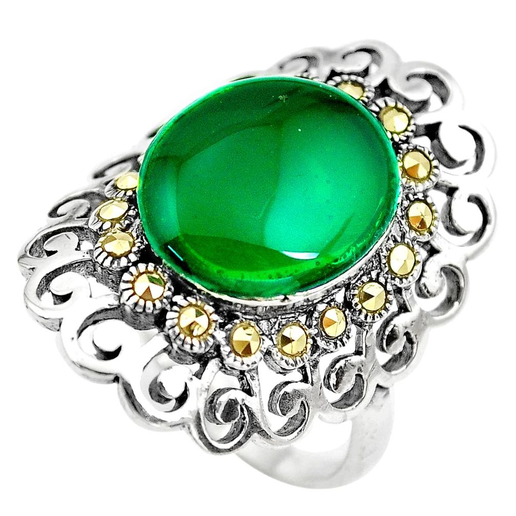 8.70cts natural green chalcedony swiss marcasite 925 silver ring size 10 c2753