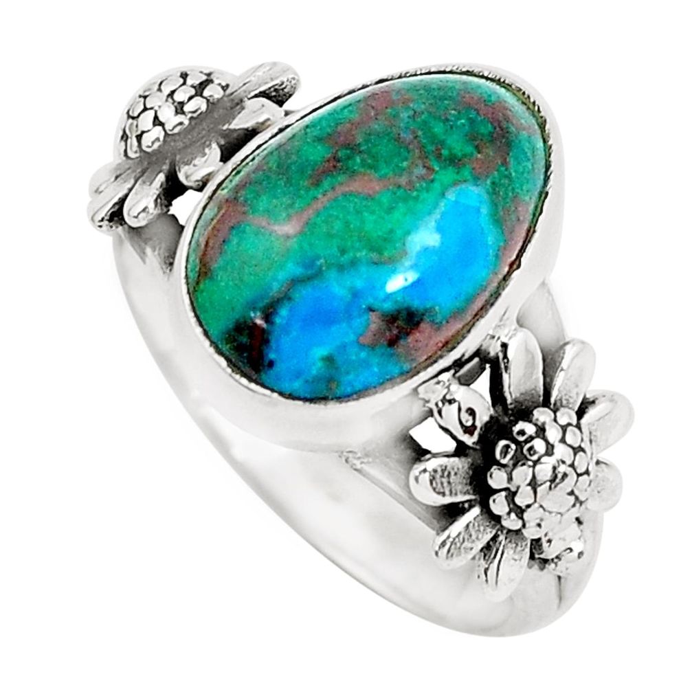 6.08cts natural green chrysocolla 925 silver flower solitaire ring size 9 d31367