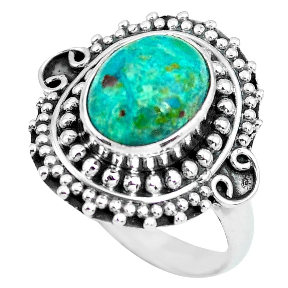 4.19cts natural green chrysocolla 925 silver solitaire ring size 7.5 p63059