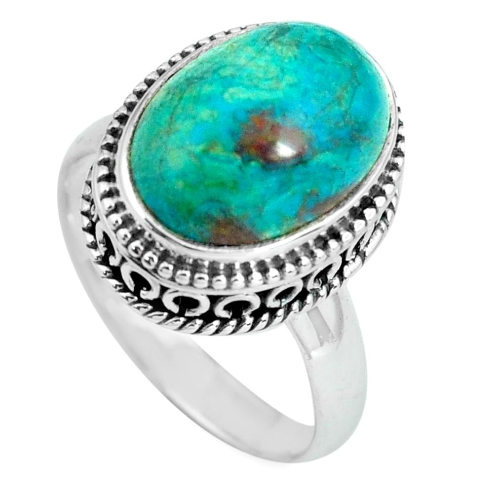 6.62cts natural green chrysocolla 925 silver solitaire ring size 8 p67541