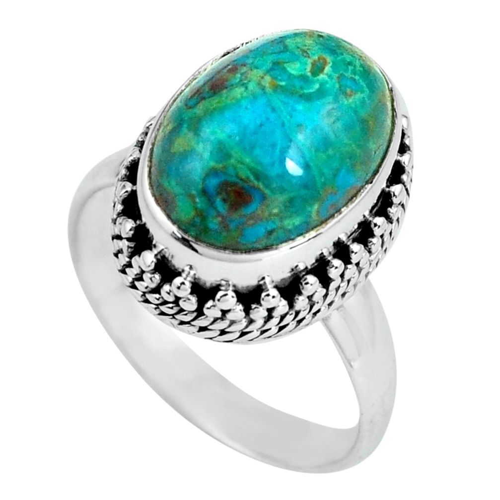 6.62cts natural green chrysocolla 925 silver solitaire ring size 8 p67546