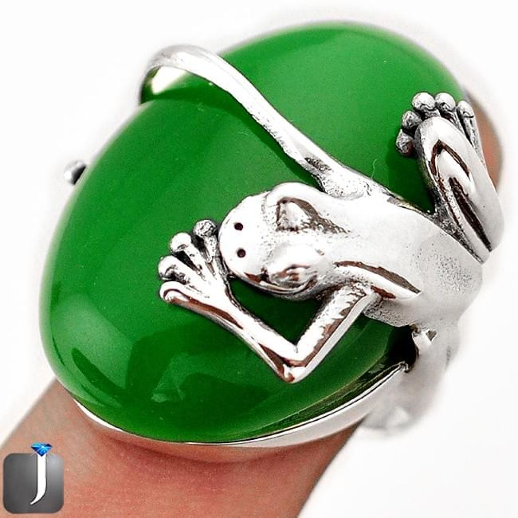 50.78cts NATURAL GREEN JADE 925 STERLING SILVER FROG RING JEWELRY SIZE 8 F5967