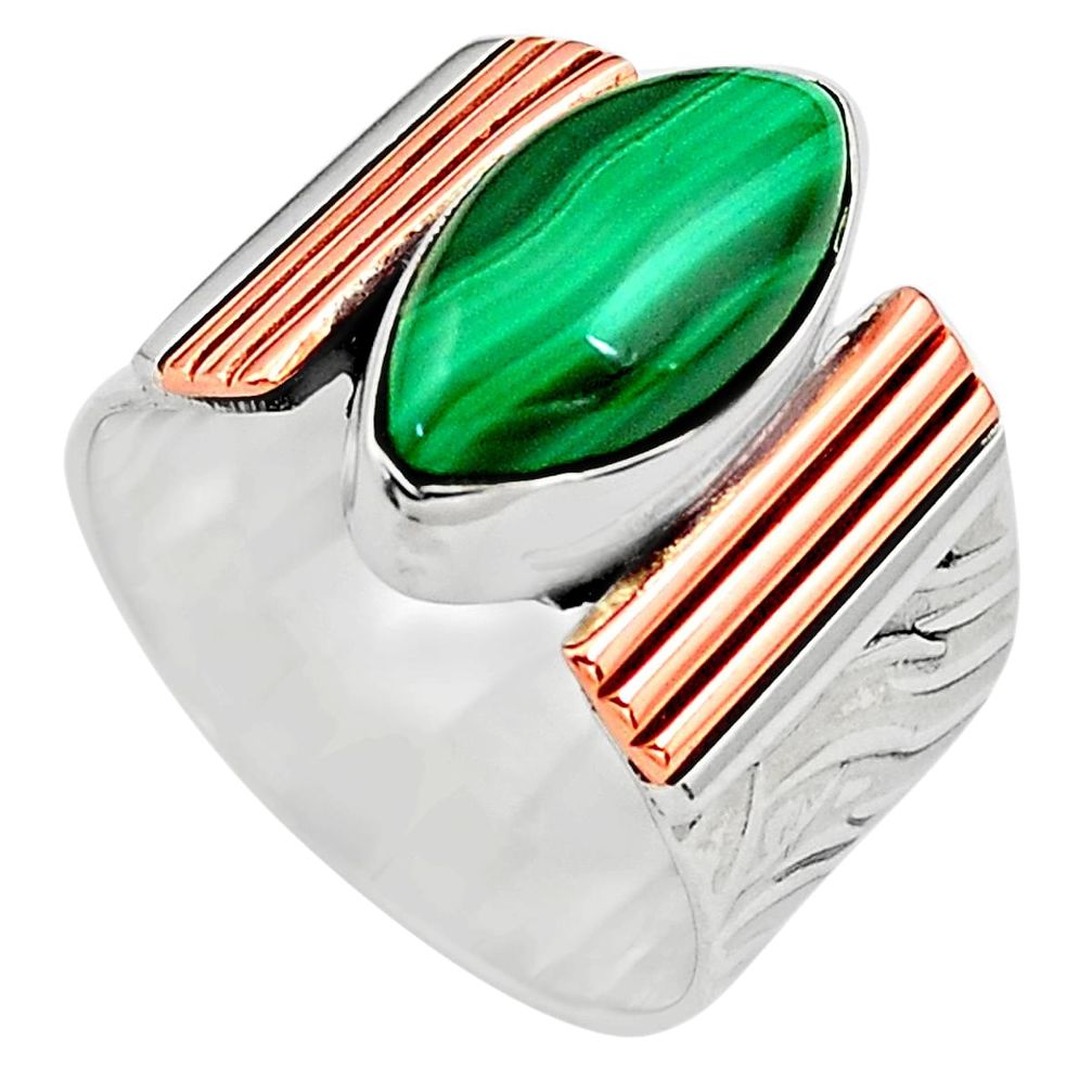 6.54cts natural green malachite 925 silver 14k gold solitaire ring size 7 p81007