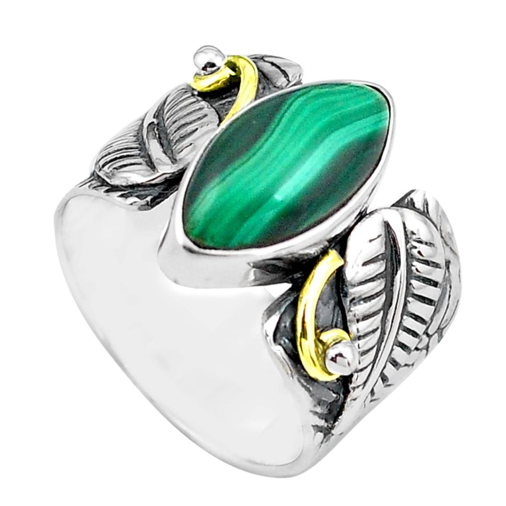 6.20cts natural green malachite 925 silver 14k gold solitaire ring size 7 p87923