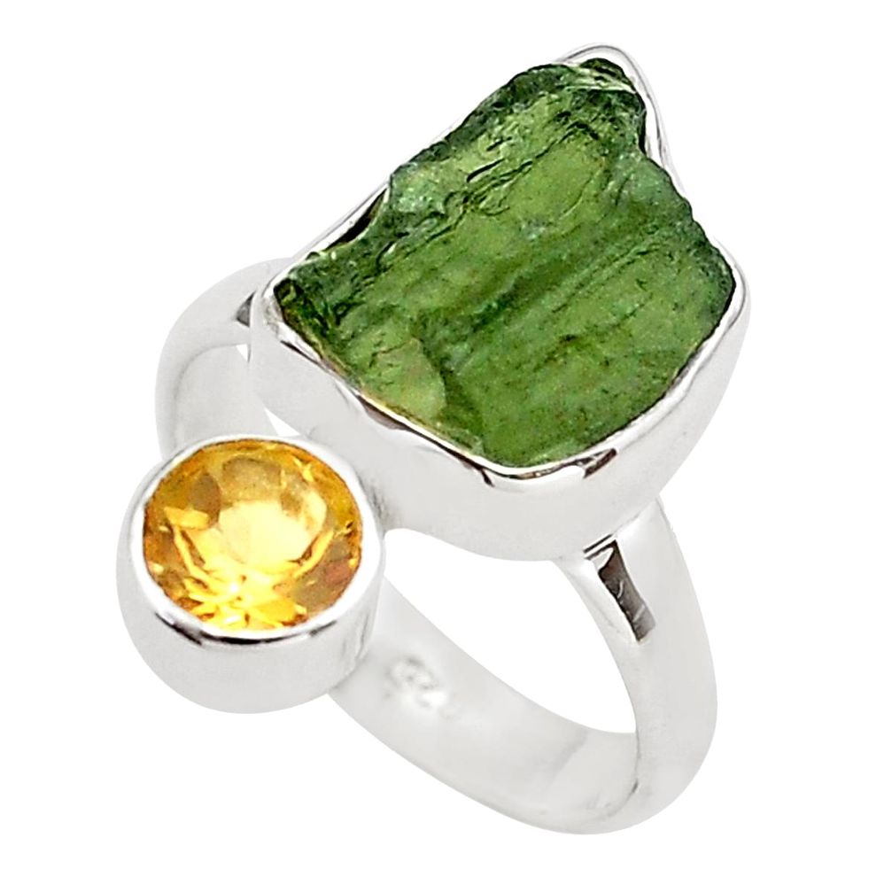 7.97cts natural green moldavite (genuine czech) 925 silver ring size 6 p80254
