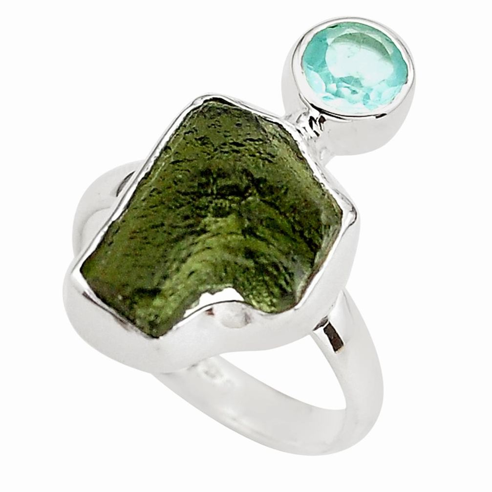 8.80cts natural green moldavite (genuine czech) 925 silver ring size 8 p80279