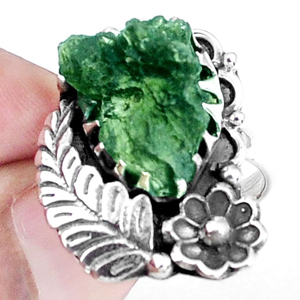 9.84cts natural green moldavite 925 silver solitaire ring size 8 p42514