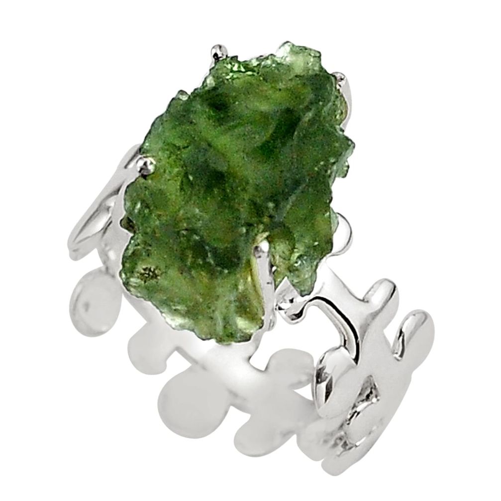 7.25cts natural green moldavite 925 silver solitaire ring size 6 p80286