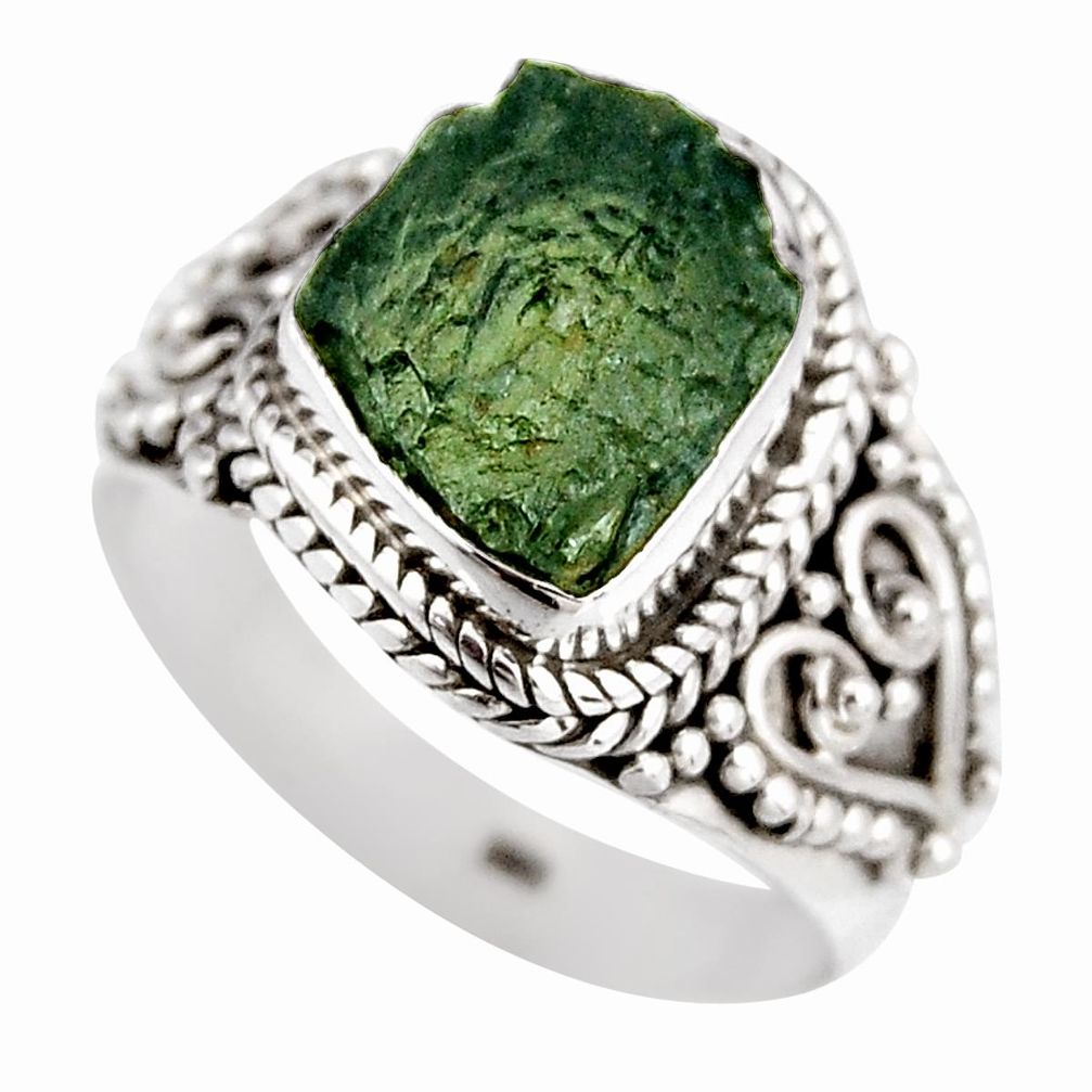 5.49cts natural green moldavite 925 silver solitaire ring size 8.5 p92038