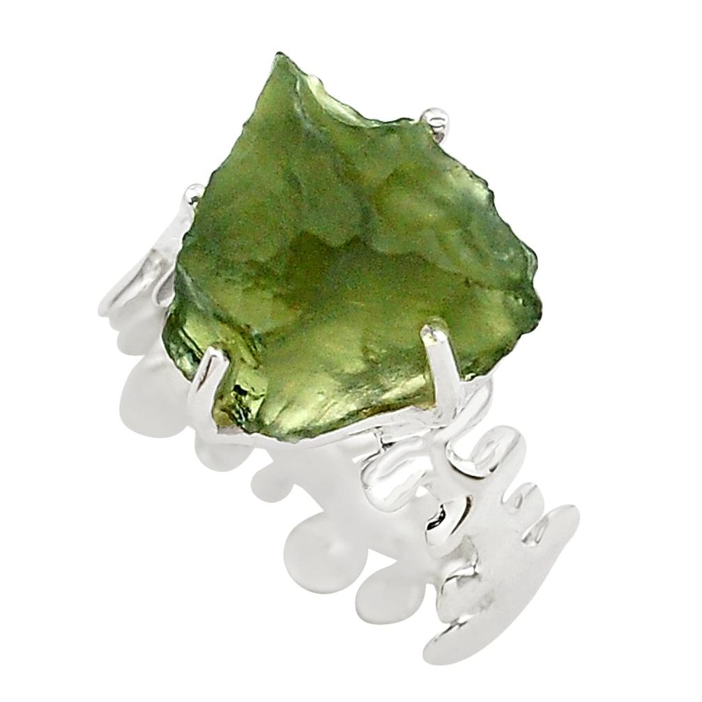 7.25cts natural green moldavite fancy 925 silver solitaire ring size 8 p80270