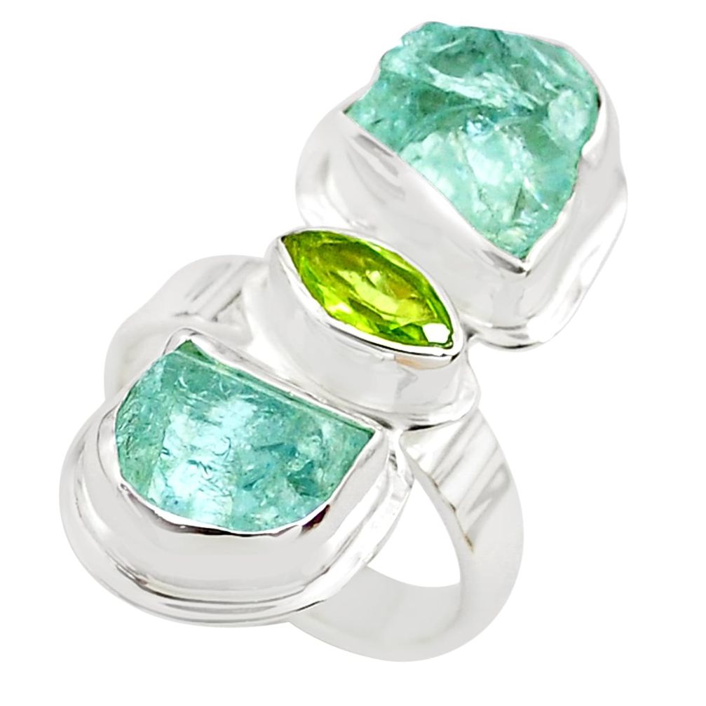 12.04cts natural green peridot aquamarine rough 925 silver ring size 7 p70916