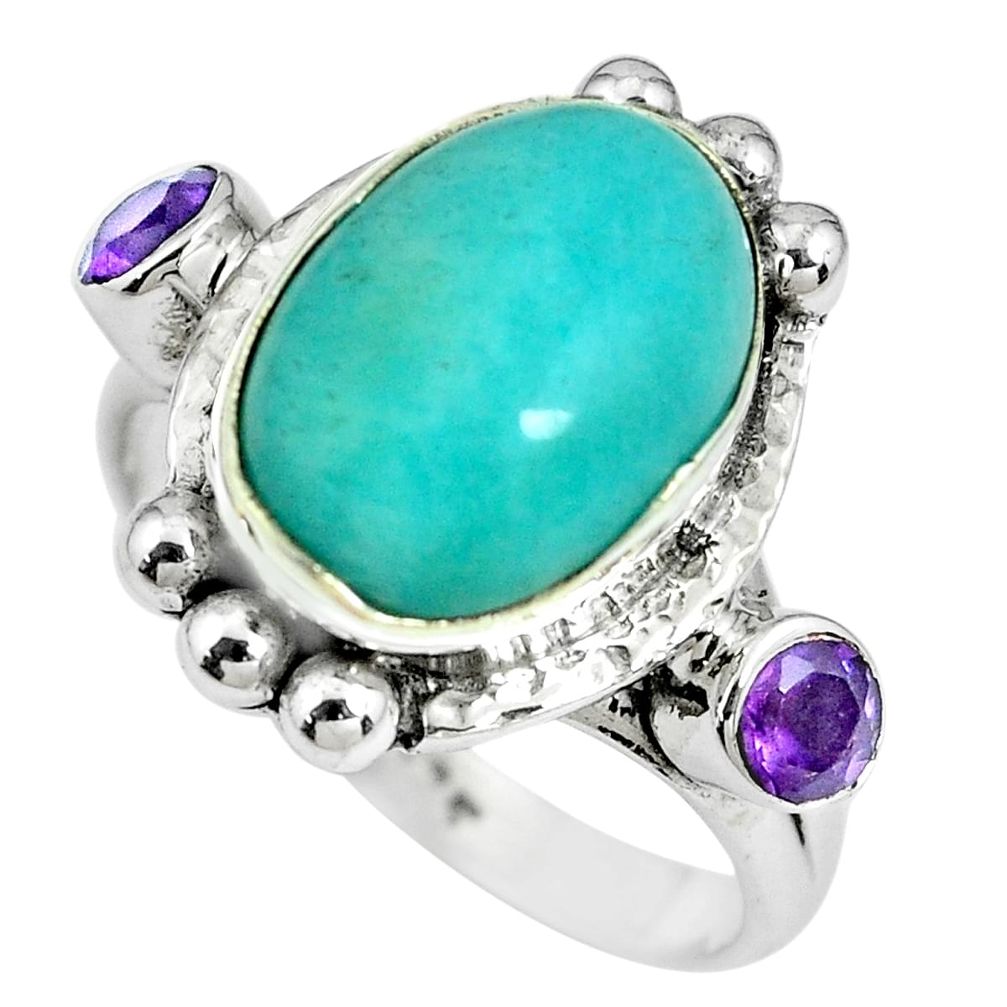 7.72cts natural green peruvian amazonite oval 925 silver ring size 8.5 p69910