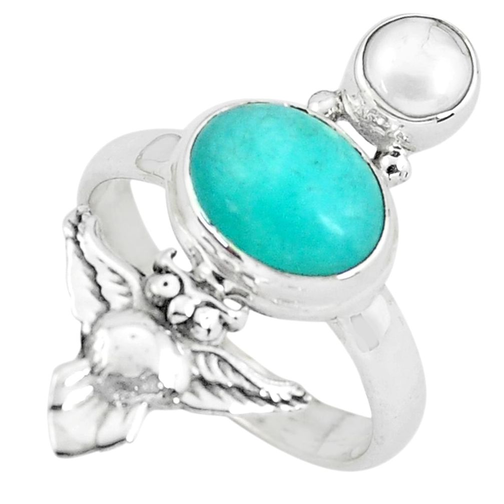 5.52cts natural green peruvian amazonite pearl 925 silver owl ring size 8 p61092