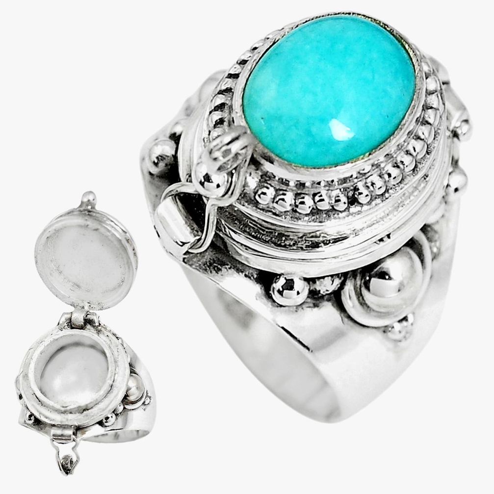 4.24cts natural green peruvian amazonite silver poison box ring size 7 p44724