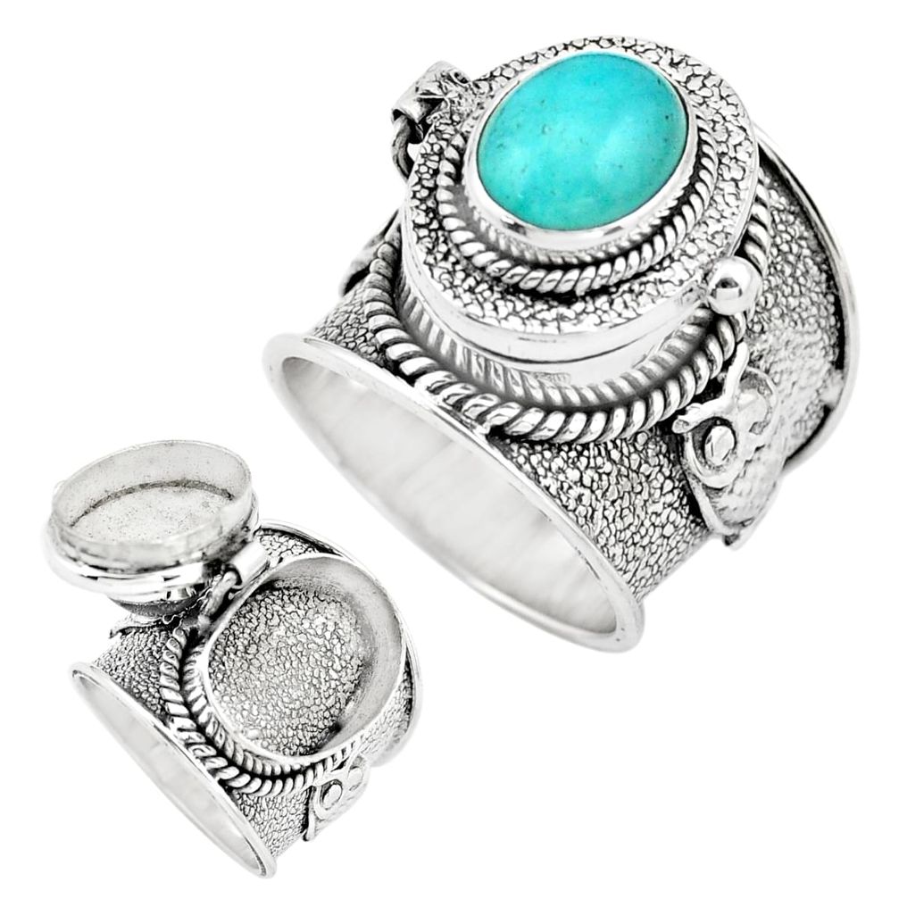 4.74cts natural green peruvian amazonite silver poison box ring size 7.5 p75624