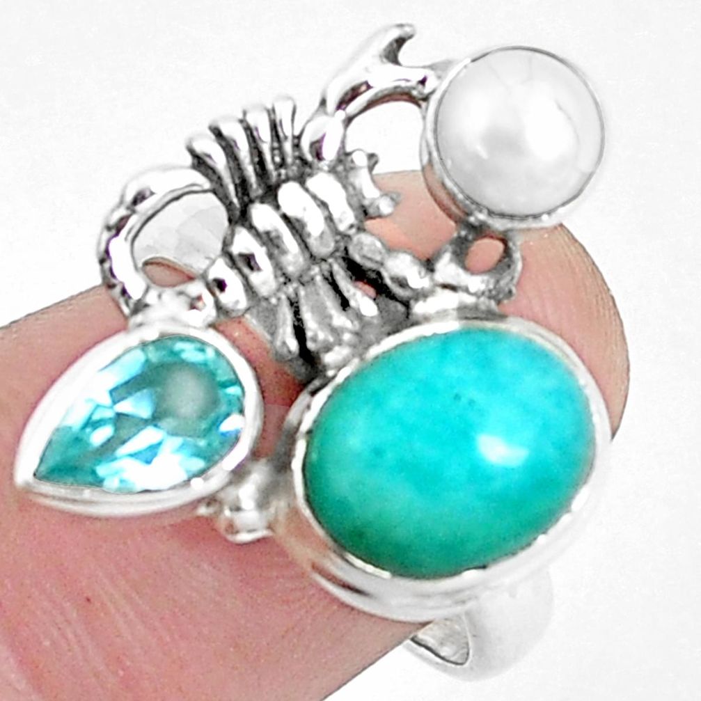 6.96cts natural green peruvian amazonite silver scorpion ring size 7.5 p42602