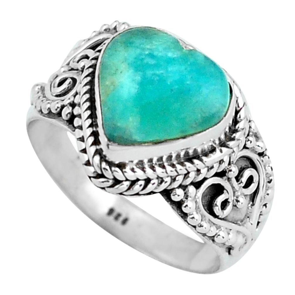4.28cts natural green peruvian amazonite silver solitaire ring size 6.5 d32035