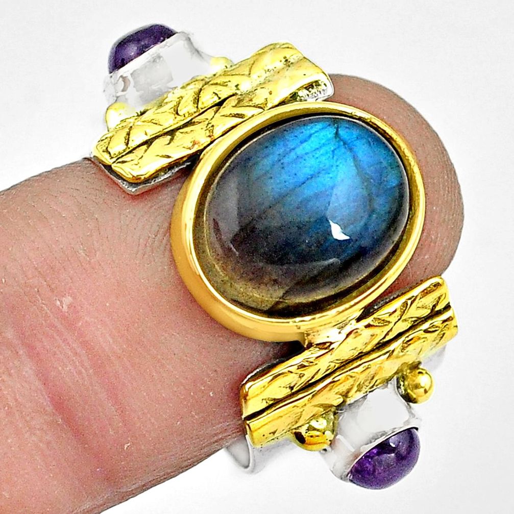 Natural labradorite amethyst 925 silver 14k gold solitaire ring size 7 p81139