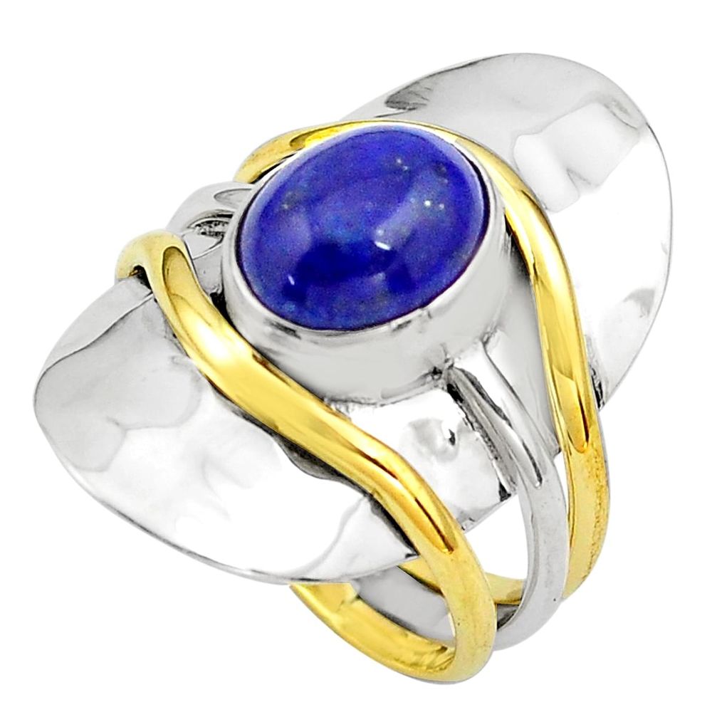 4.71cts natural lapis lazuli 925 silver 14k gold solitaire ring size 7.5 p81083