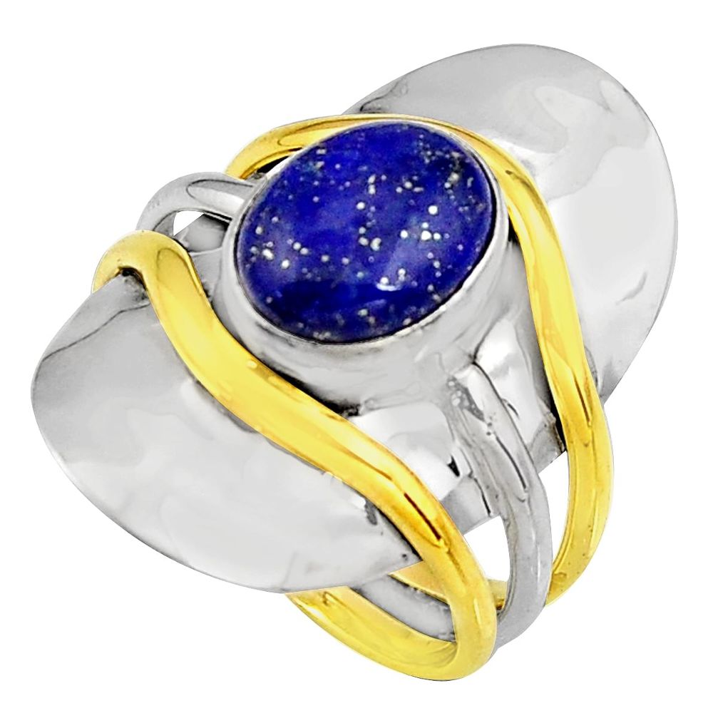 4.71cts natural lapis lazuli 925 silver 14k gold solitaire ring size 7.5 p91125