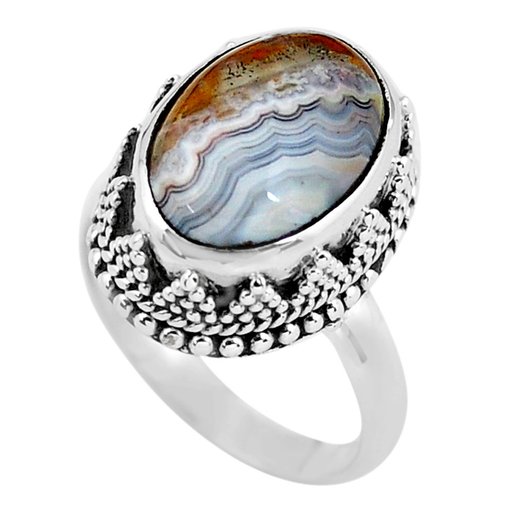 6.96cts natural mexican laguna lace agate silver solitaire ring size 6.5 p56703