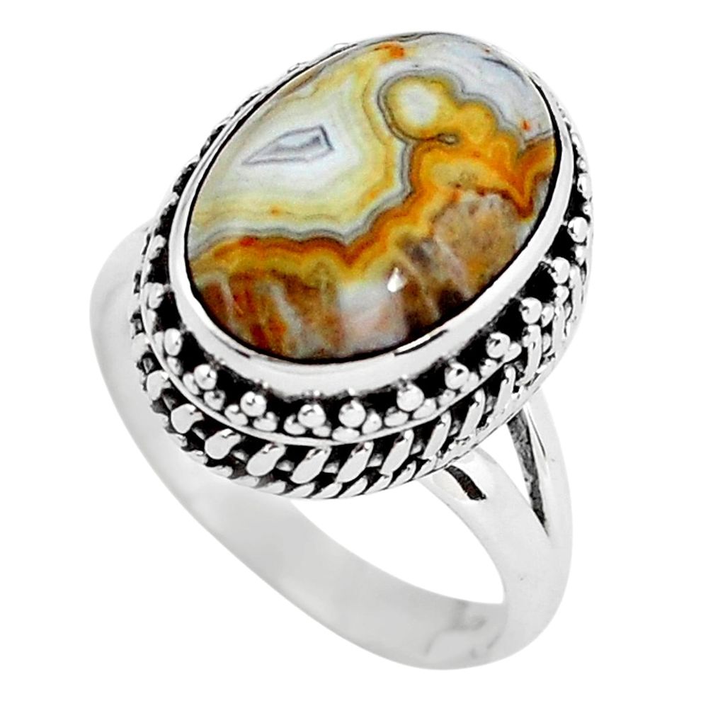 6.94cts natural mexican laguna lace agate silver solitaire ring size 7 p56708