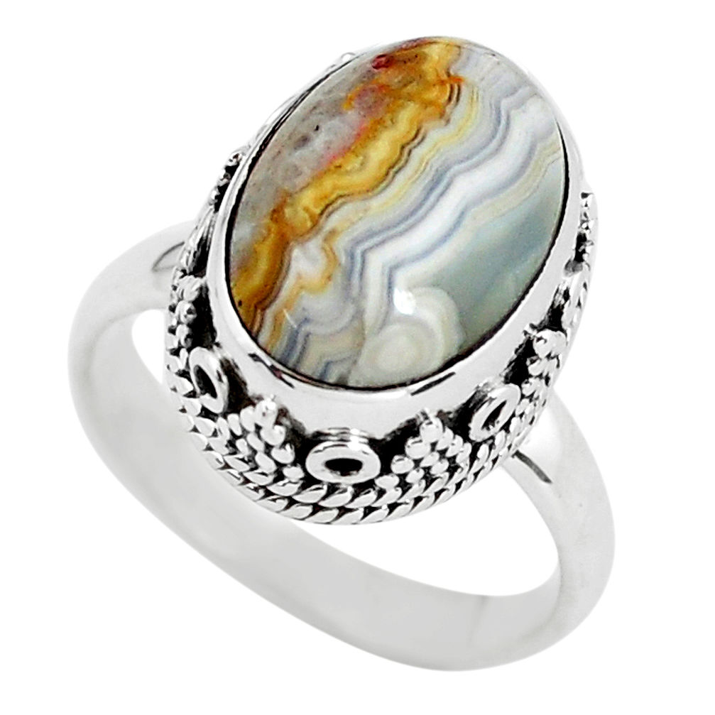 6.54cts natural mexican laguna lace agate silver solitaire ring size 7.5 p56710