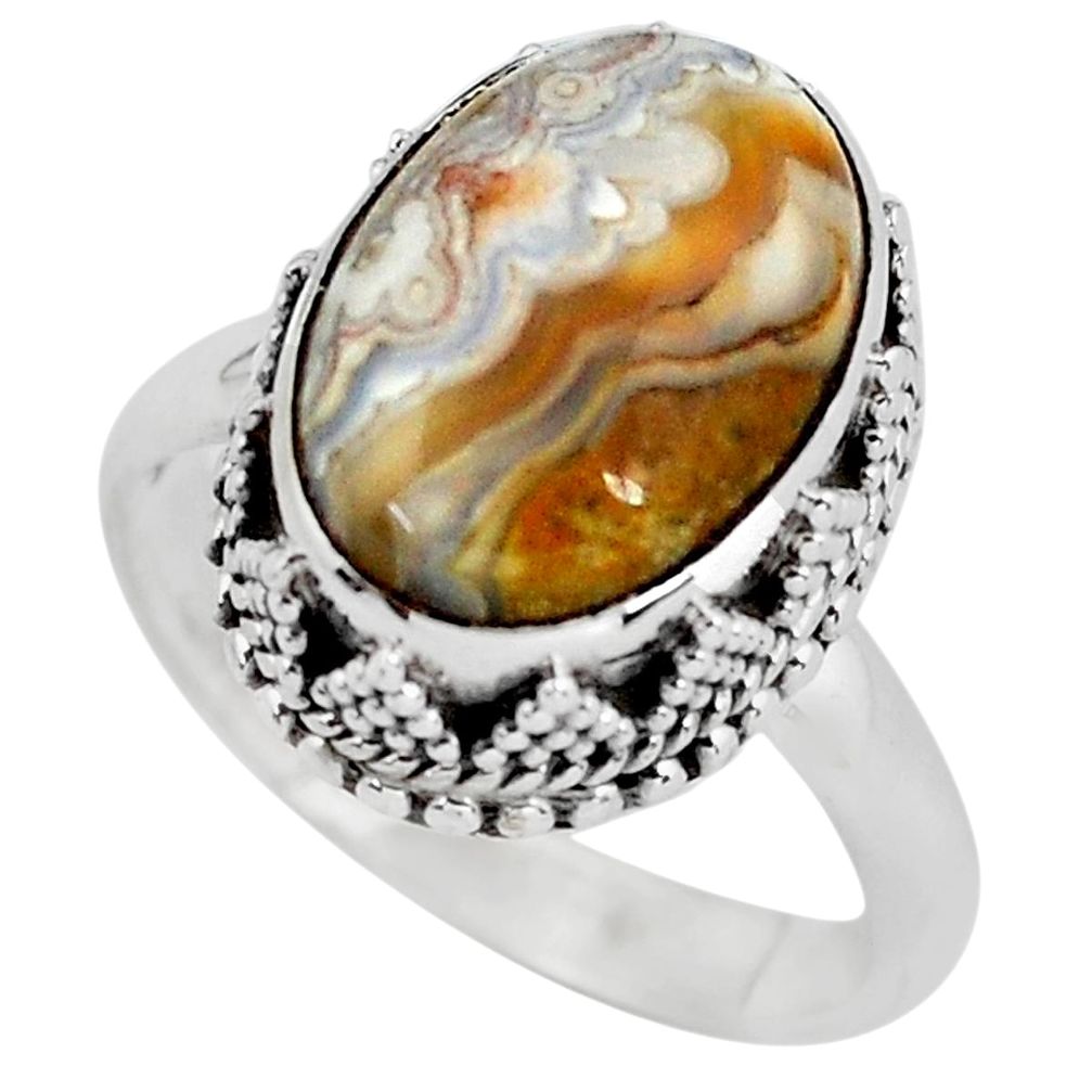 6.74cts natural mexican laguna lace agate silver solitaire ring size 8 p56711