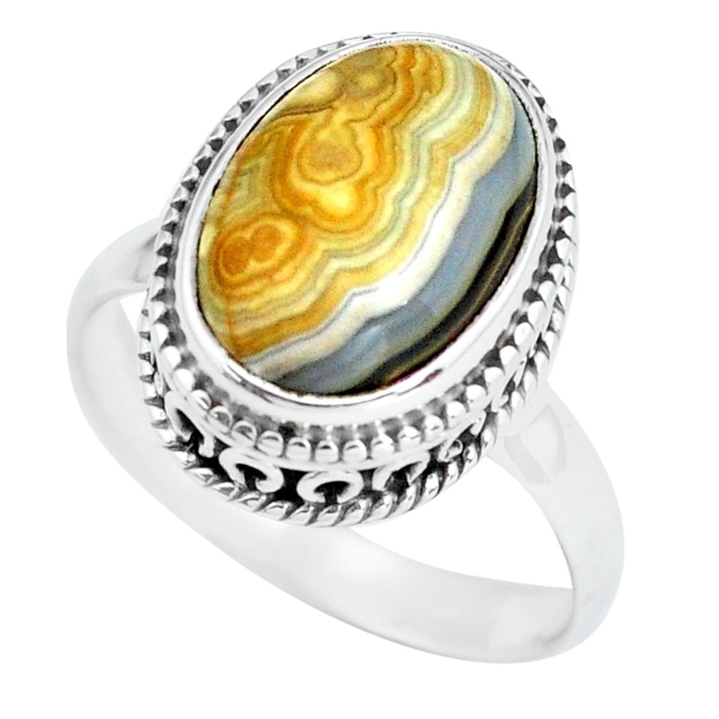 6.83cts natural mexican laguna lace agate silver solitaire ring size 8 p67621