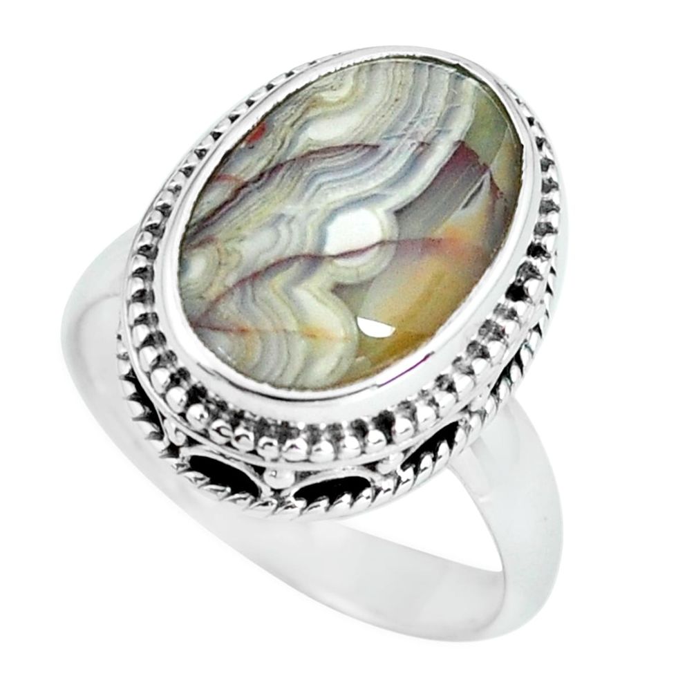 6.83cts natural mexican laguna lace agate silver solitaire ring size 6.5 p67627