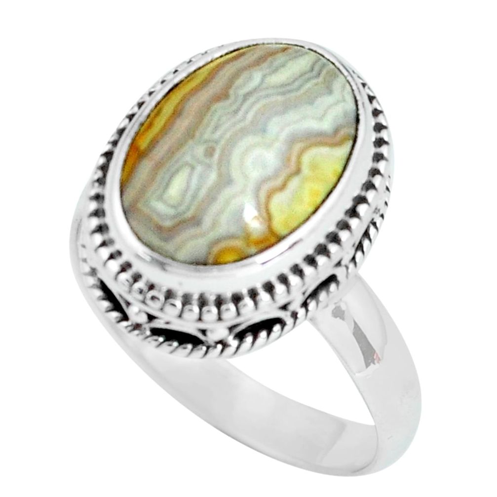 6.83cts natural mexican laguna lace agate silver solitaire ring size 8 p67631