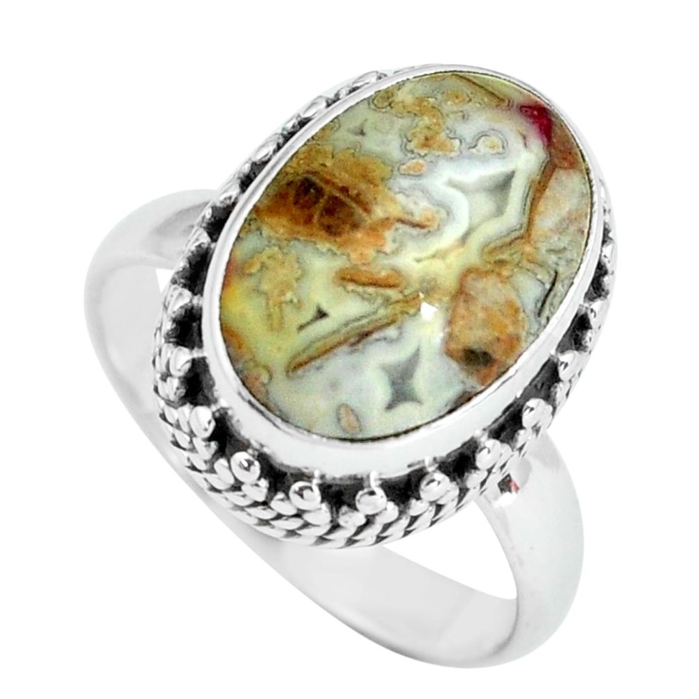 6.83cts natural mexican laguna lace agate silver solitaire ring size 7.5 p67633
