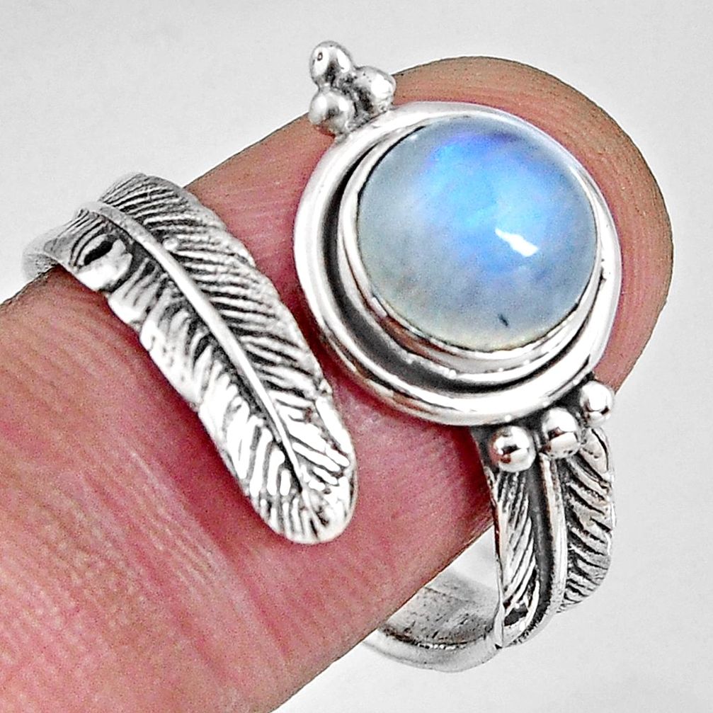 3.46cts natural moonstone 925 silver adjustable feather ring size 9 p90085
