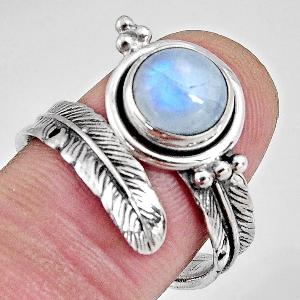 3.36cts natural moonstone 925 silver adjustable feather ring size 8 p90091