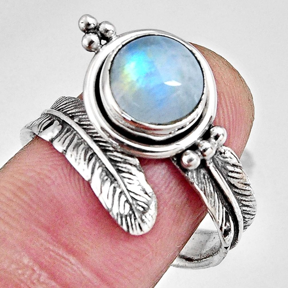 3.34cts natural moonstone 925 silver adjustable feather ring size 8 p90092