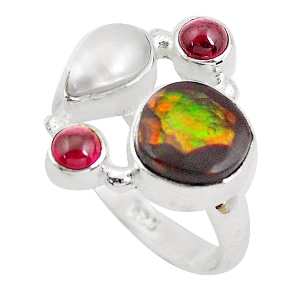 7.36cts natural multi color ammolite (canadian) 925 silver ring size 8.5 p52550