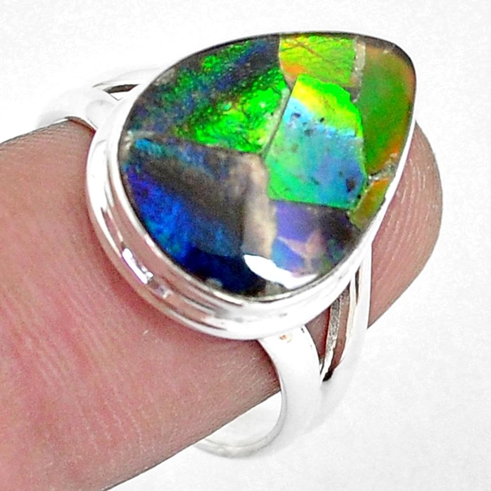 9.50cts natural multi color ammolite 925 silver solitaire ring size 8 p47824