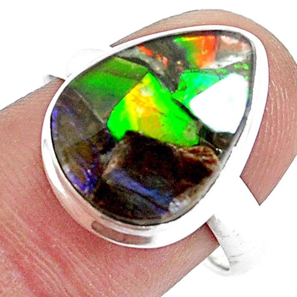 8.55cts natural multi color ammolite 925 silver solitaire ring size 8.5 p47863