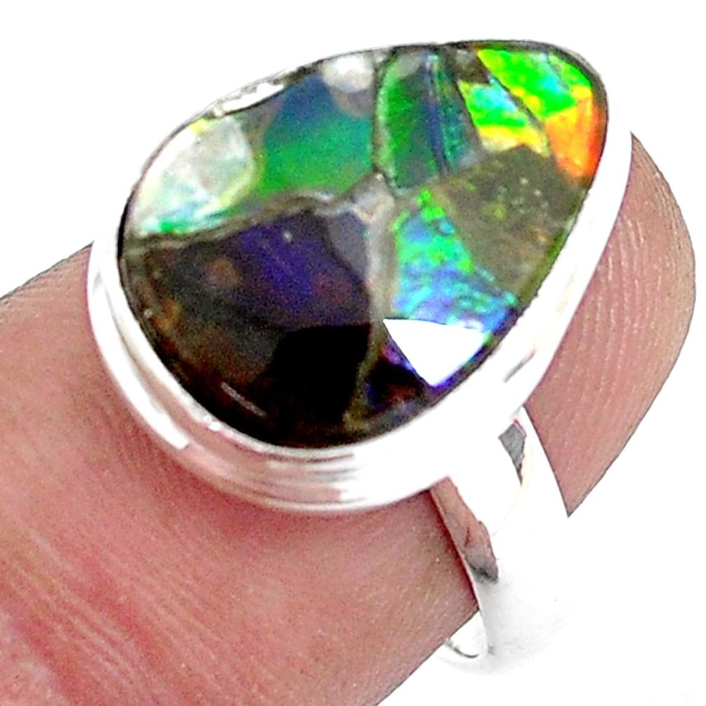 8.44cts natural multi color ammolite 925 silver solitaire ring size 7 p47868