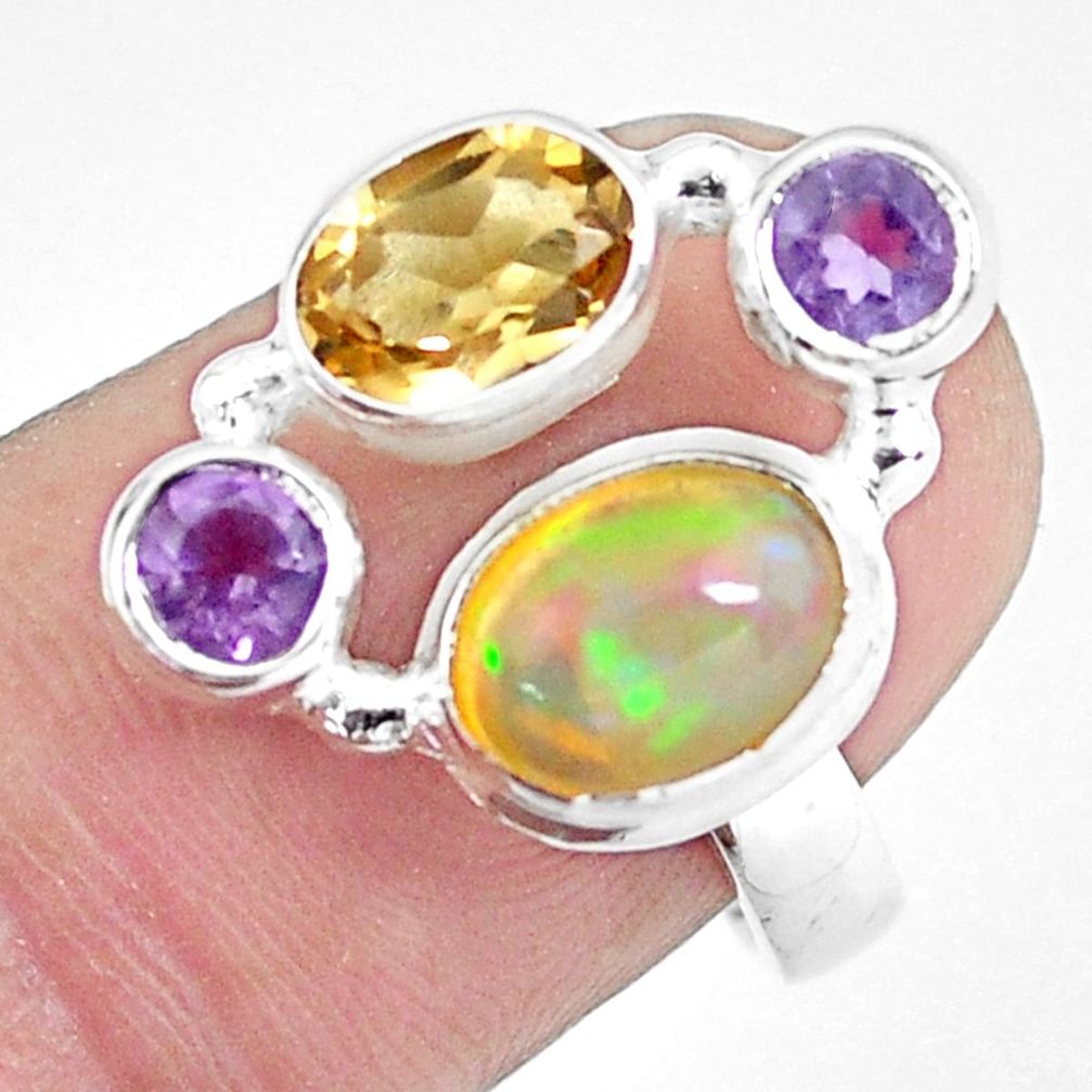 5.34cts natural multi color ethiopian opal 925 silver ring size 6.5 p60351