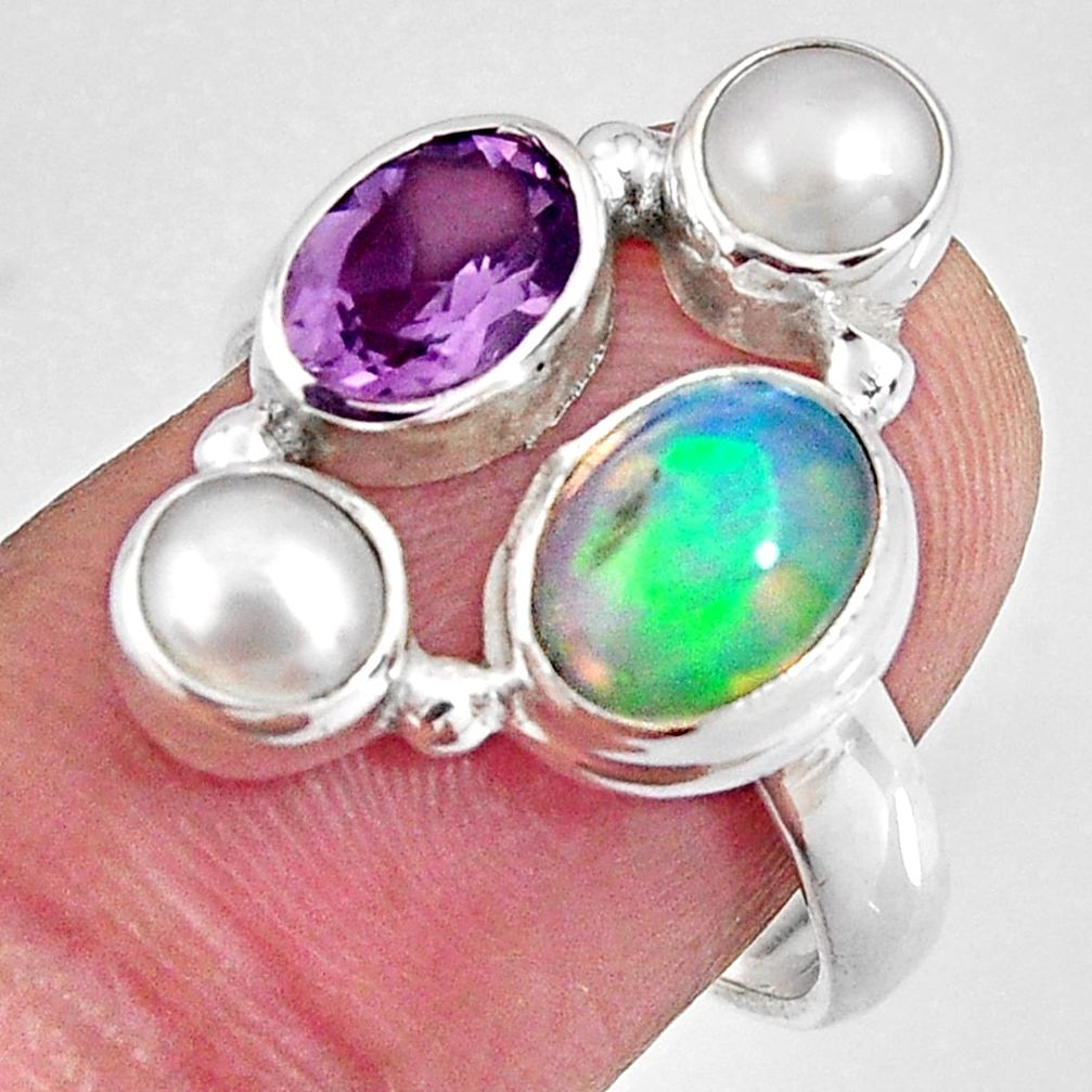 6.10cts natural multi color ethiopian opal pearl 925 silver ring size 7.5 p90788