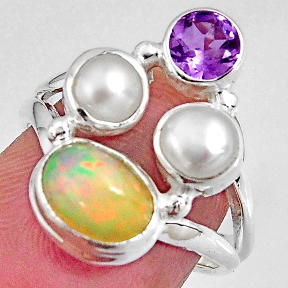 6.27cts natural multi color ethiopian opal pearl 925 silver ring size 6.5 p90791