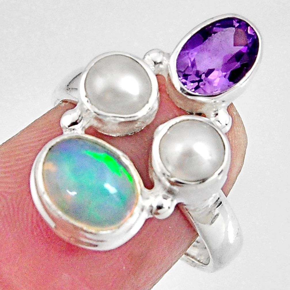 6.36cts natural multi color ethiopian opal pearl 925 silver ring size 6.5 p90793