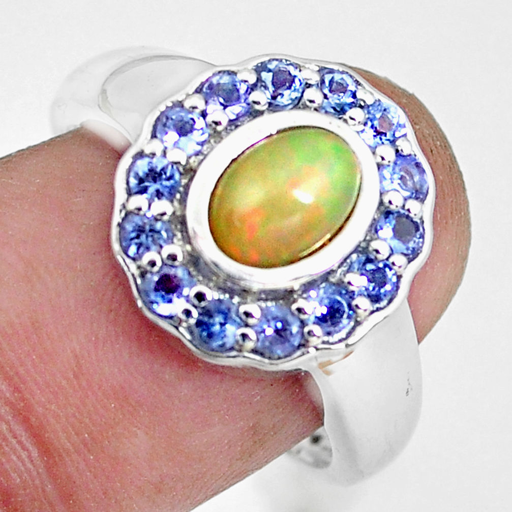 3.62cts natural multi color ethiopian opal tanzanite silver ring size 8 c3880